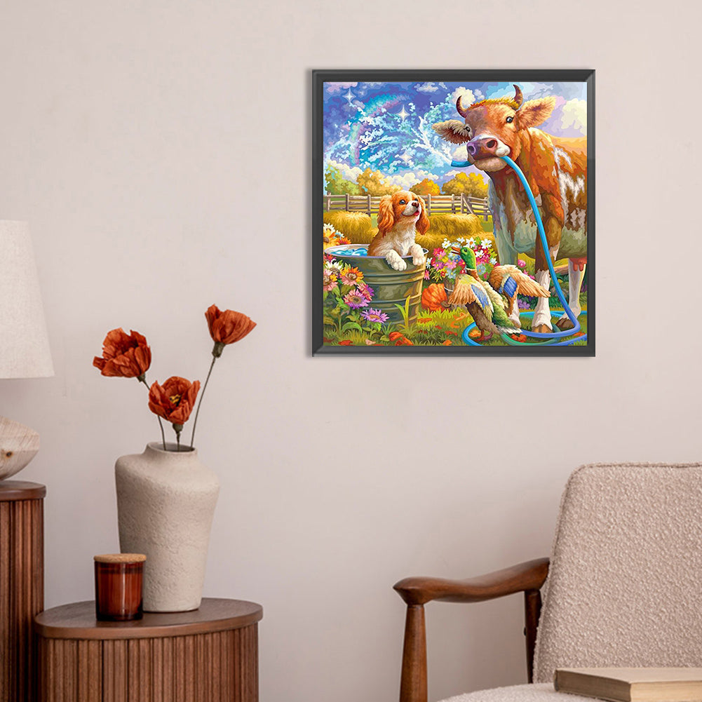 Garden Cow Puppy Duck - Full Round Drill Diamond Painting 30*30CM