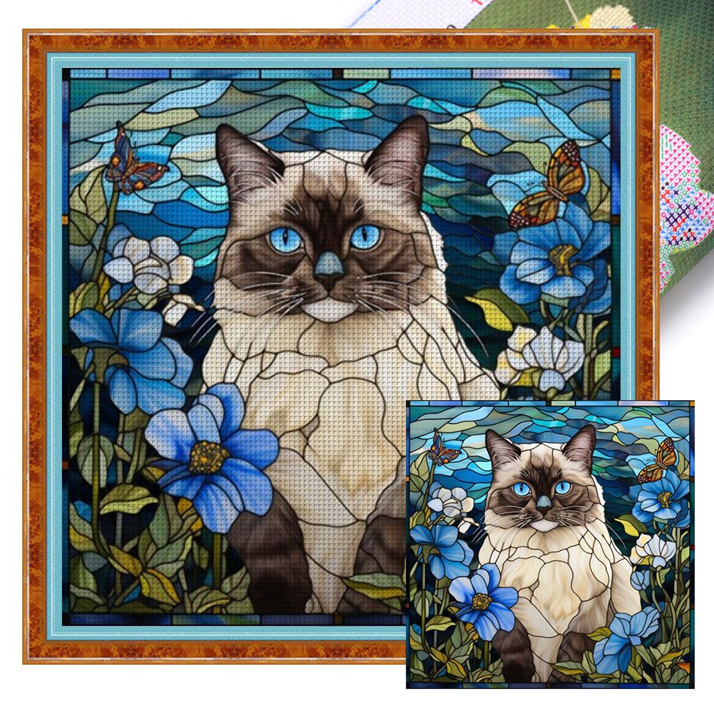 Glass Painting-Siamese Cat - 11CT Stamped Cross Stitch 40*40CM