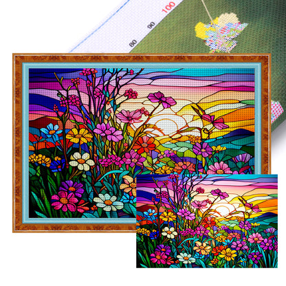 Glass Painting-Flowers And Sunset - 11CT Stamped Cross Stitch 60*40CM