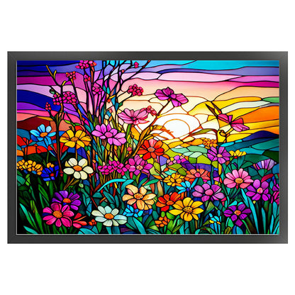 Glass Painting-Flowers And Sunset - 11CT Stamped Cross Stitch 60*40CM