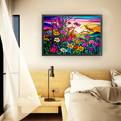 Glass Painting-Flowers And Sunset - 11CT Stamped Cross Stitch 60*40CM