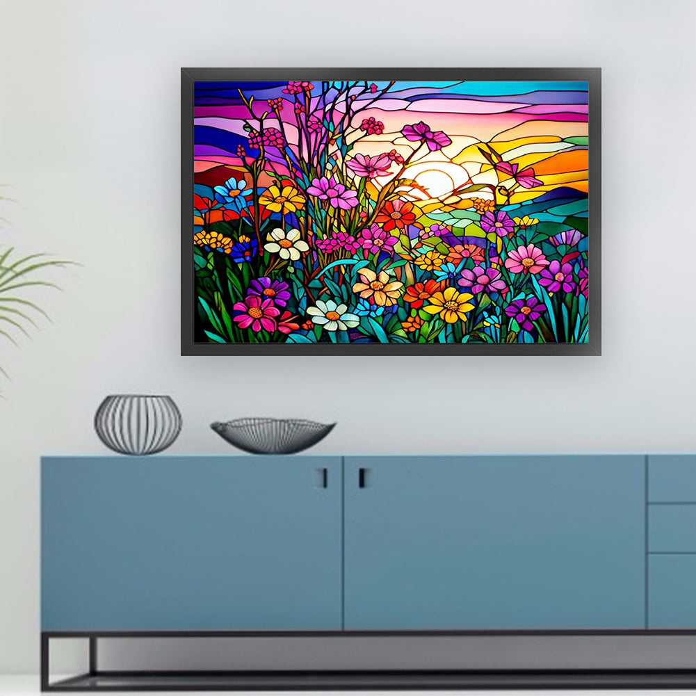 Glass Painting-Flowers And Sunset - 11CT Stamped Cross Stitch 60*40CM