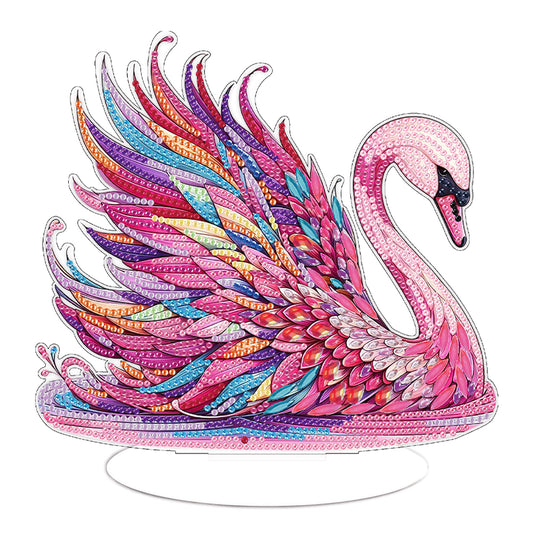 Round Diamond Painting Desktop Decor for Home Office Decor(Colored Feather Swan)