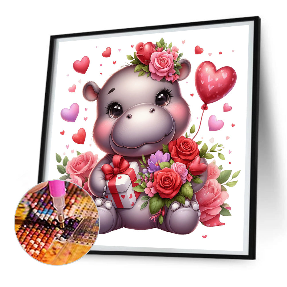 Love Rose Hippopotamus - Full Round Drill Diamond Painting 30*30CM