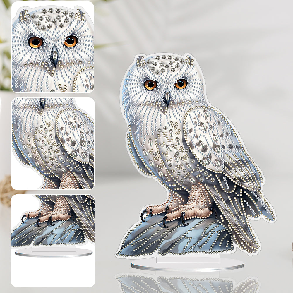 White Head Owl Special Shape Desktop Diamond Art Desktop Decor (Owl on Stone)