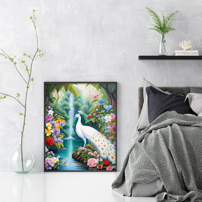 White Peacock By Forest Lake - Full Round Drill Diamond Painting 30*40CM