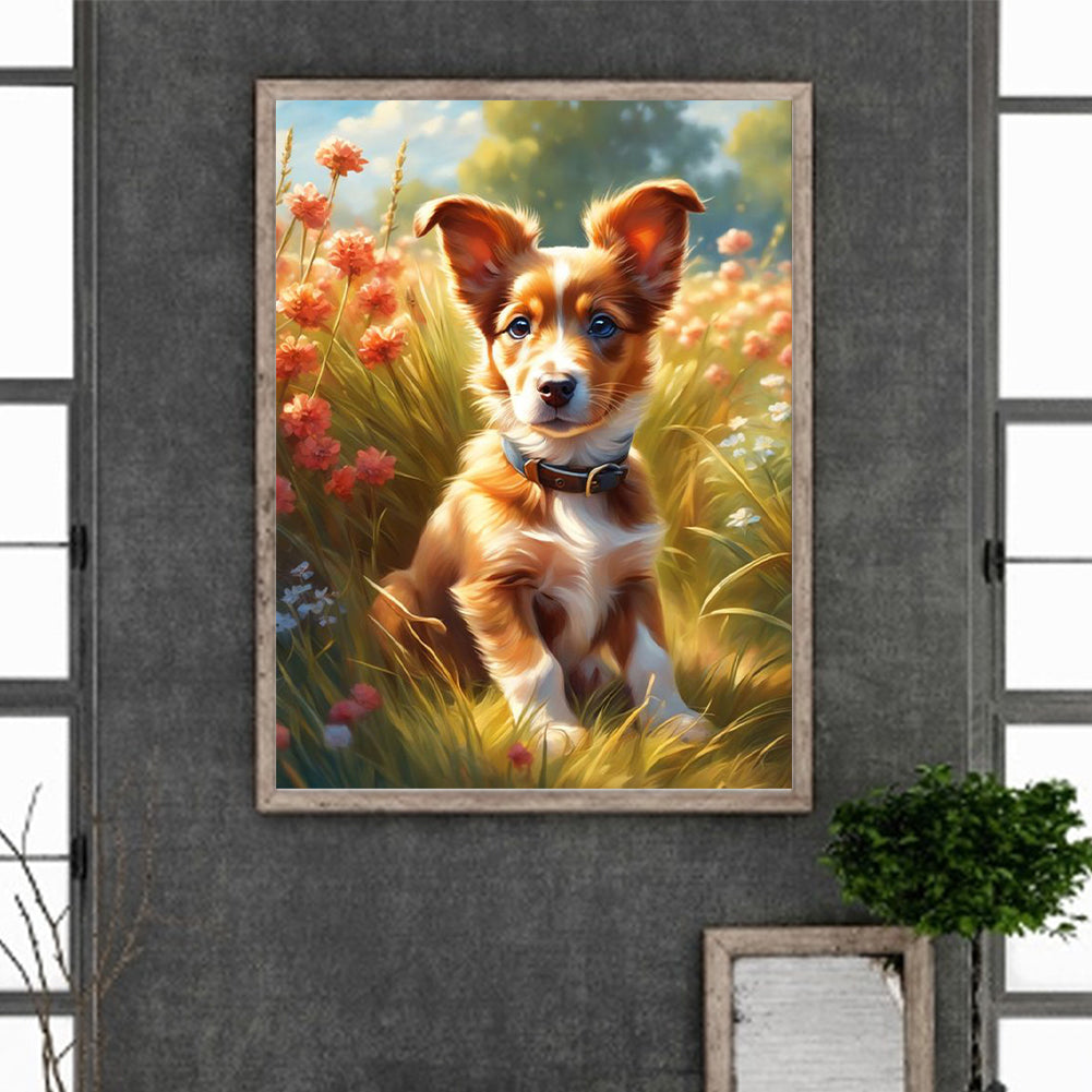 Puppy In Grass - Full Round Drill Diamond Painting 30*40CM