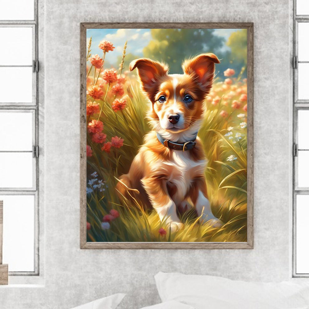 Puppy In Grass - Full Round Drill Diamond Painting 30*40CM