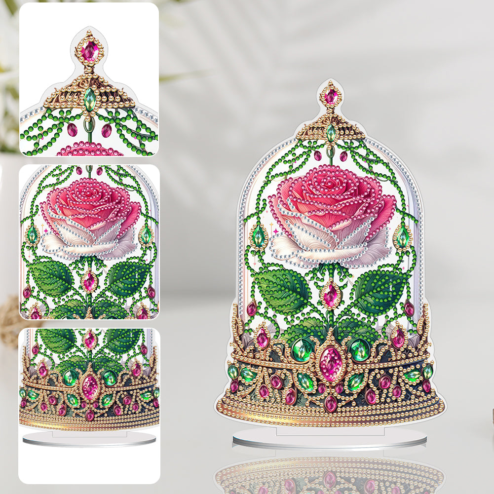 Special Shape Rose Crystal Box Desktop 5D Diamond Painting Art (Pink White)