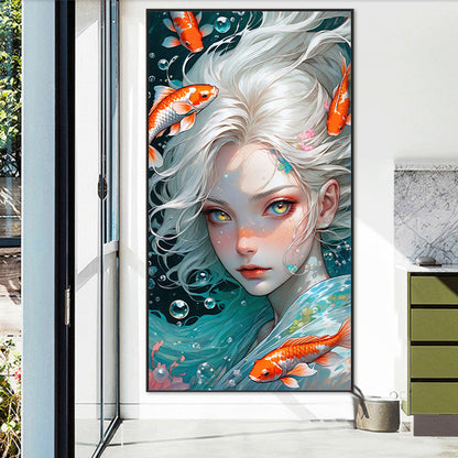White-Haired Girl And Goldfish Underwater - Full AB Round Drill Diamond Painting 40*75CM