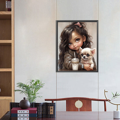 Girl Drinking Coffee With Puppy - Full Round Drill Diamond Painting 40*50CM