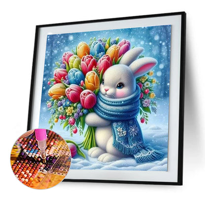Bunny Holding Flowers In The Snow - Full Round Drill Diamond Painting 30*30CM