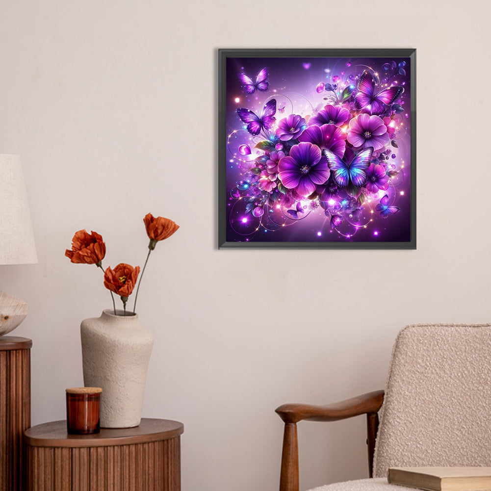 Purple Butterfly Flower - Full Round Drill Diamond Painting 30*30CM