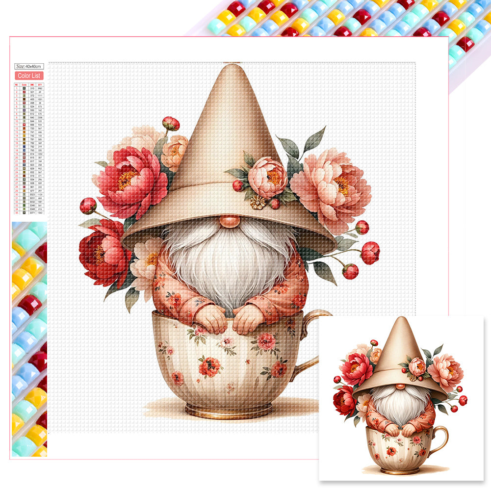 Flower Teacup Gnome - Full Square Drill Diamond Painting 40*40CM