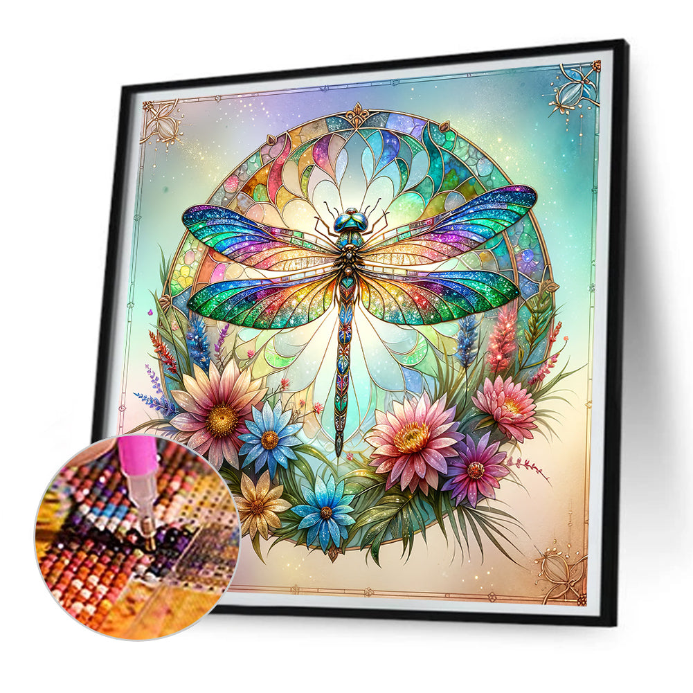 Flowers Dragonfly - Full Round Drill Diamond Painting 30*30CM