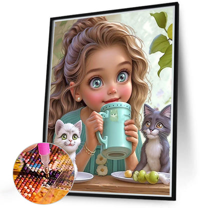 Girl With Two Cats - Full Round Drill Diamond Painting 40*50CM