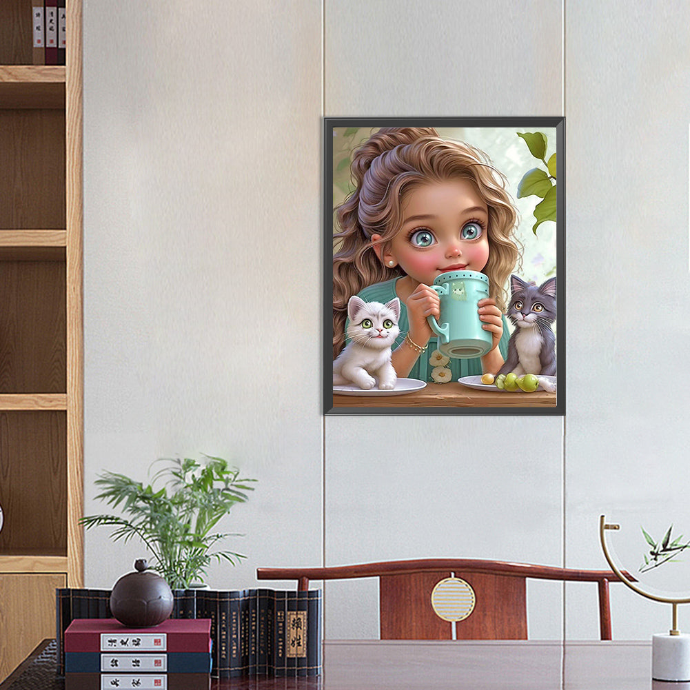Girl With Two Cats - Full Round Drill Diamond Painting 40*50CM