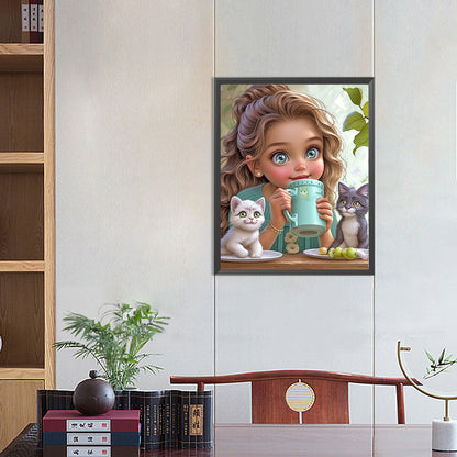 Girl With Two Cats - Full Round Drill Diamond Painting 40*50CM