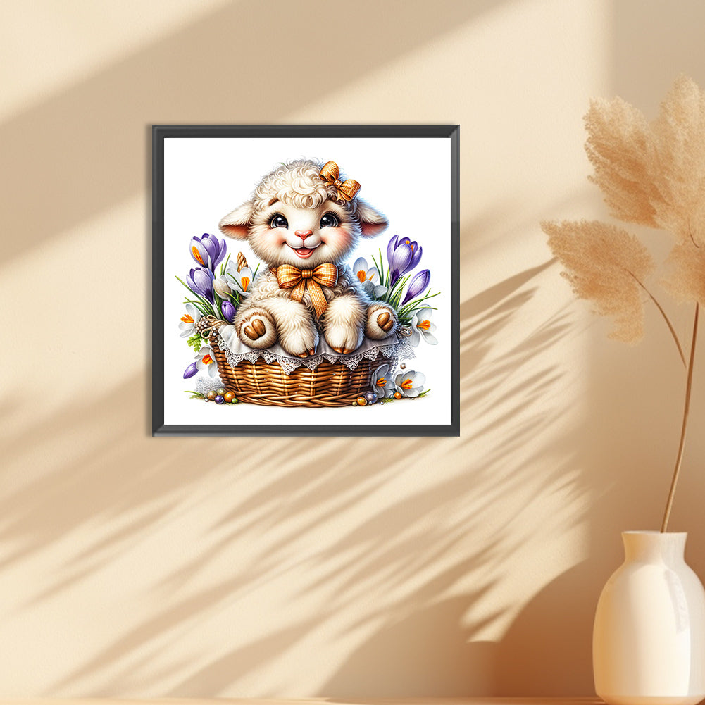 Lamb In Flower Basket - Full Round Drill Diamond Painting 30*30CM