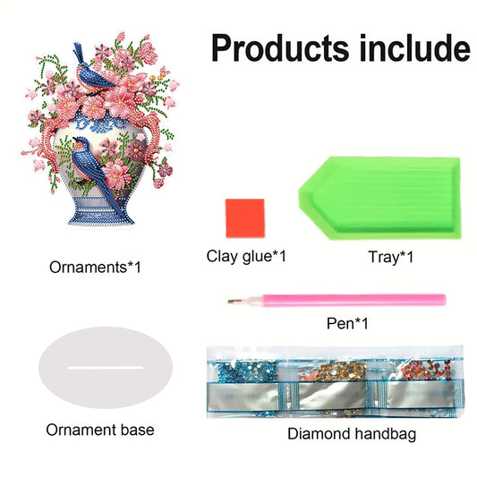 Acrylic Bird Flower Vase Desktop Diamond Painting Art Kits for Home Office Decor