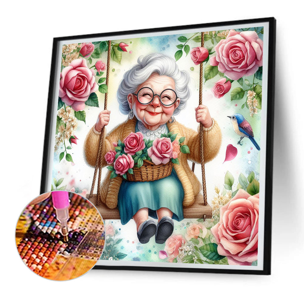 Happy Old Lady On Swing - Full Round Drill Diamond Painting 30*30CM