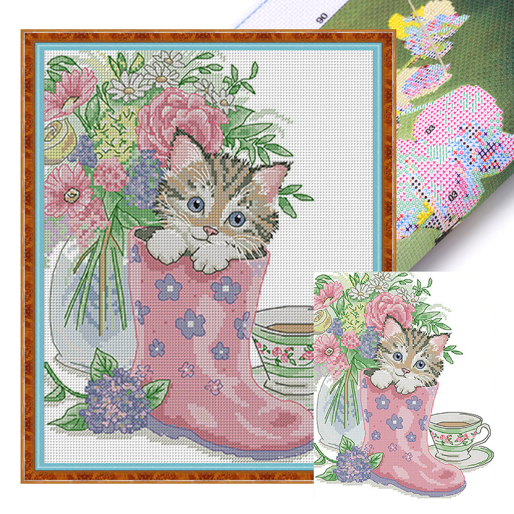 Kitten In Rain Boots - 14CT Stamped Cross Stitch 28*33CM(Joy Sunday)
