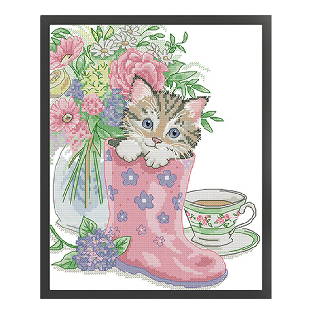Kitten In Rain Boots - 14CT Stamped Cross Stitch 28*33CM(Joy Sunday)