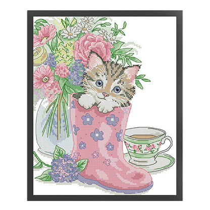 Kitten In Rain Boots - 14CT Stamped Cross Stitch 28*33CM(Joy Sunday)