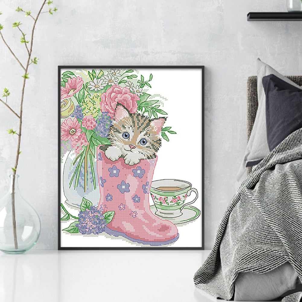 Kitten In Rain Boots - 14CT Stamped Cross Stitch 28*33CM(Joy Sunday)