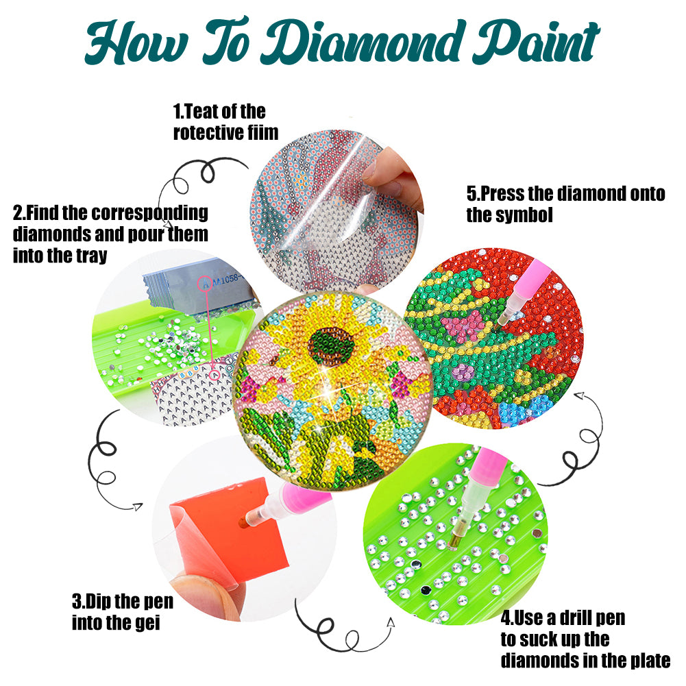 8Pcs DIY Diamond Art Painting Coasters Craft Kit with Holder (Gorgeous Flower)