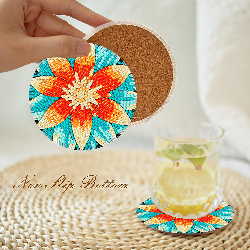 8Pcs DIY Diamond Art Painting Coasters Craft Kit with Holder (Blooming Flower)