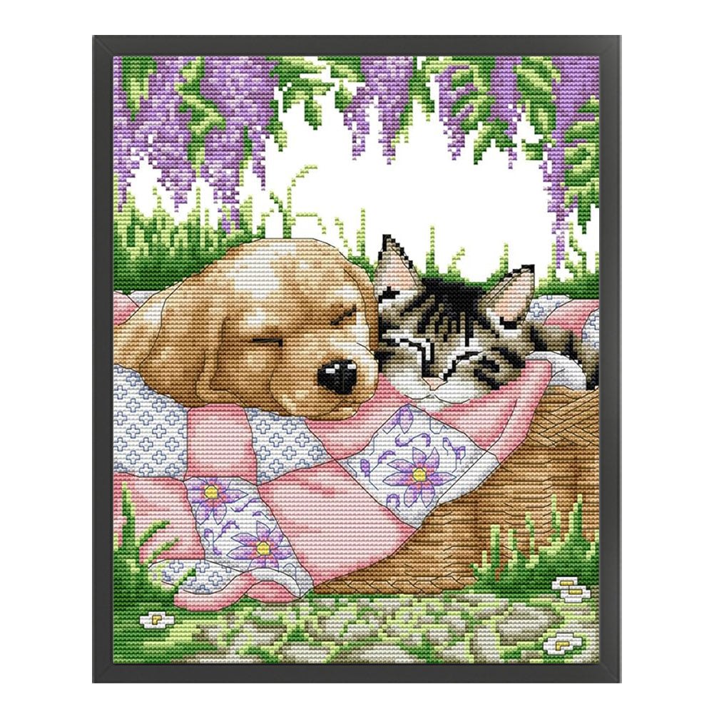 Sleeping Cat And Dog - 14CT Stamped Cross Stitch 28*33CM(Joy Sunday)