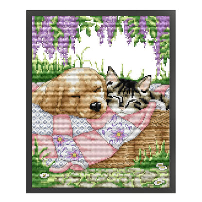 Sleeping Cat And Dog - 14CT Stamped Cross Stitch 28*33CM(Joy Sunday)