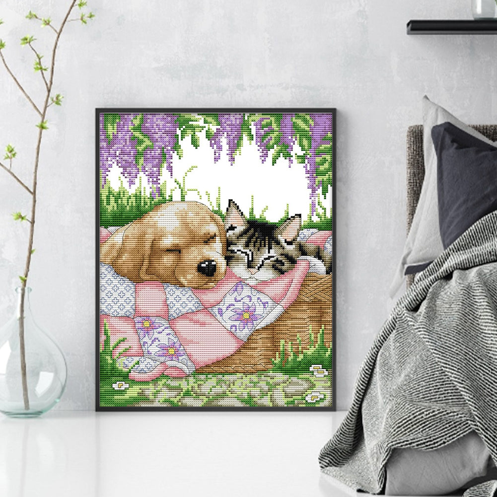 Sleeping Cat And Dog - 14CT Stamped Cross Stitch 28*33CM(Joy Sunday)