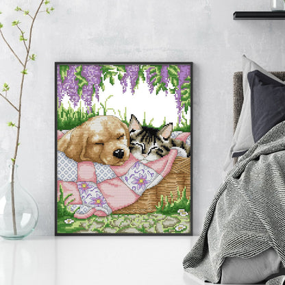 Sleeping Cat And Dog - 14CT Stamped Cross Stitch 28*33CM(Joy Sunday)