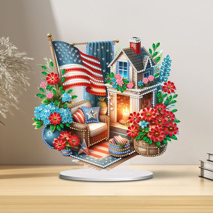 American Flag Special Shape Diamond Painting Desktop Home Ornament (House 3)