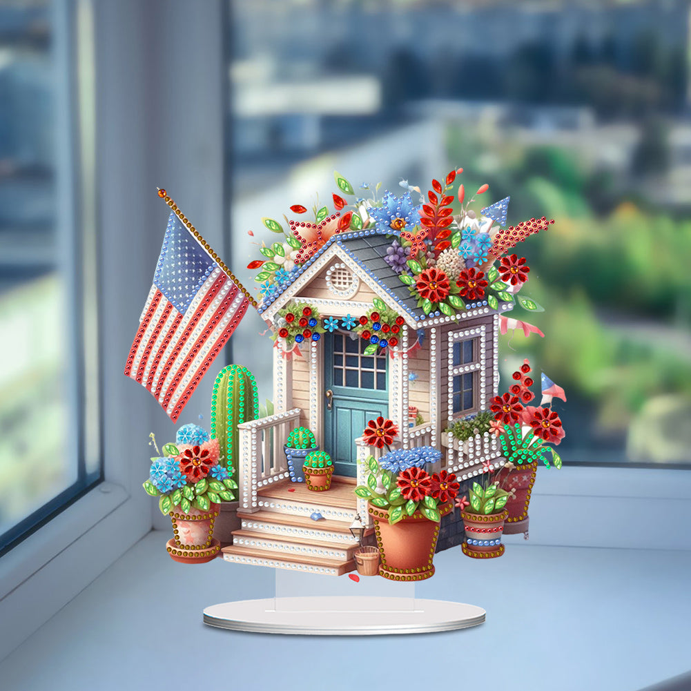 American Flag Special Shape Diamond Painting Desktop Home Ornament (House 4)