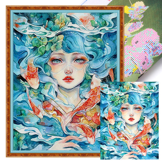 Goldfish Girl - 11CT Stamped Cross Stitch 50*65CM