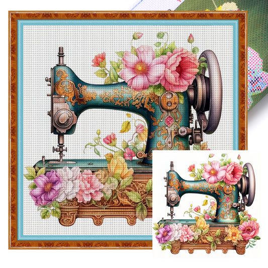 Retro Flower Sewing Machine - 14CT Stamped Cross Stitch 40*40CM