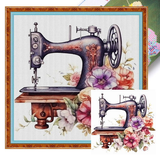 Retro Flower Sewing Machine - 14CT Stamped Cross Stitch 40*40CM