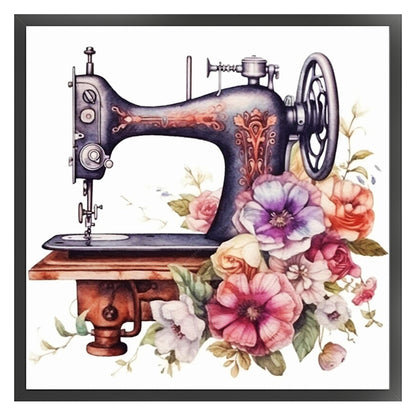 Retro Flower Sewing Machine - 14CT Stamped Cross Stitch 40*40CM
