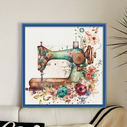 Retro Flower Sewing Machine - 14CT Stamped Cross Stitch 40*40CM