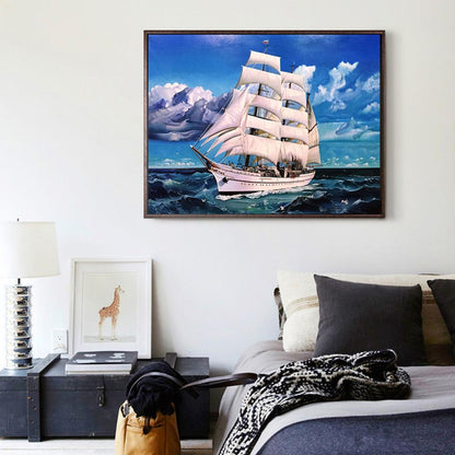 Ocean Boat- - Full Round Drill Diamond Painting 40*30CM