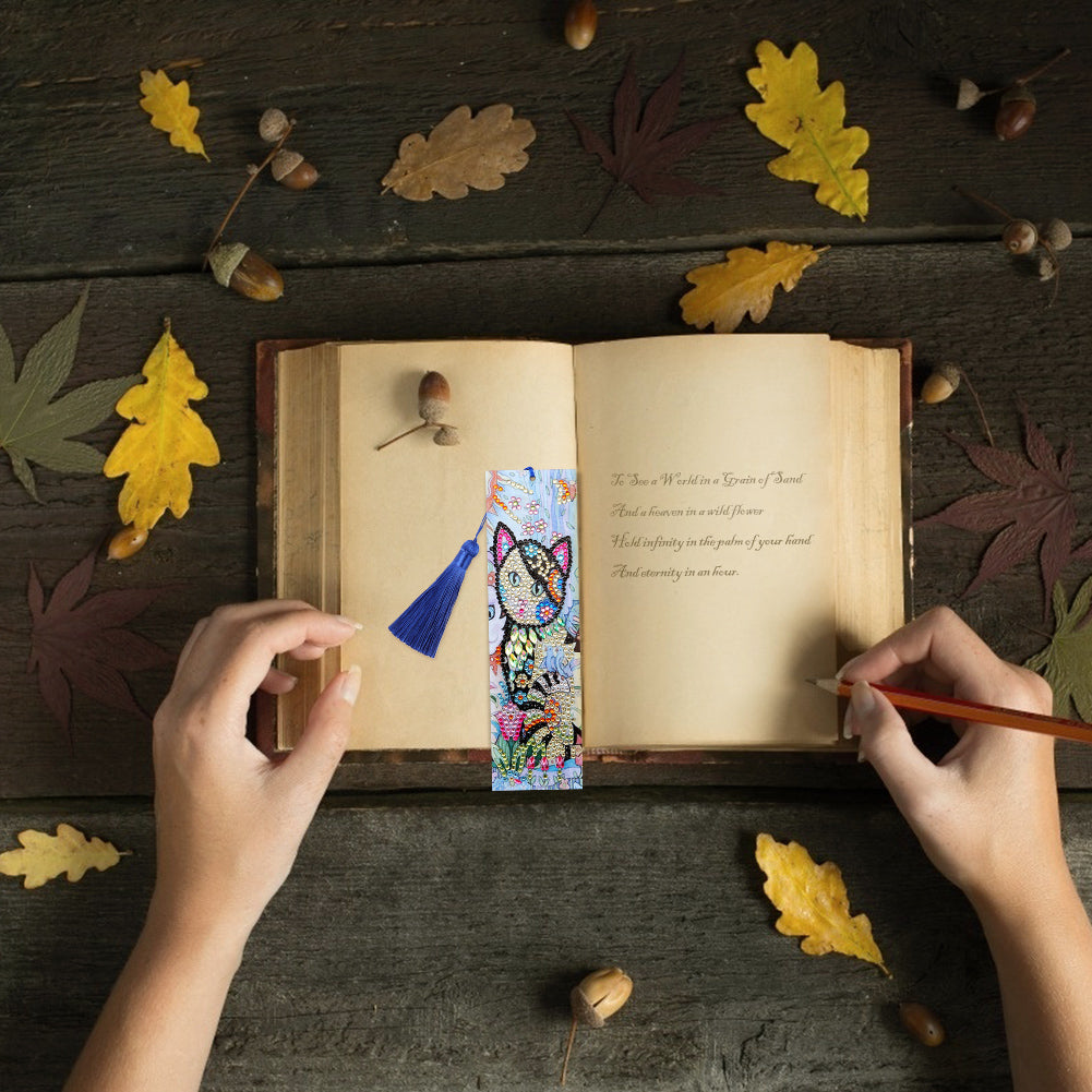 DIY Cat Special Shaped Diamond Painting Leather Bookmarks with Tassel Gifts