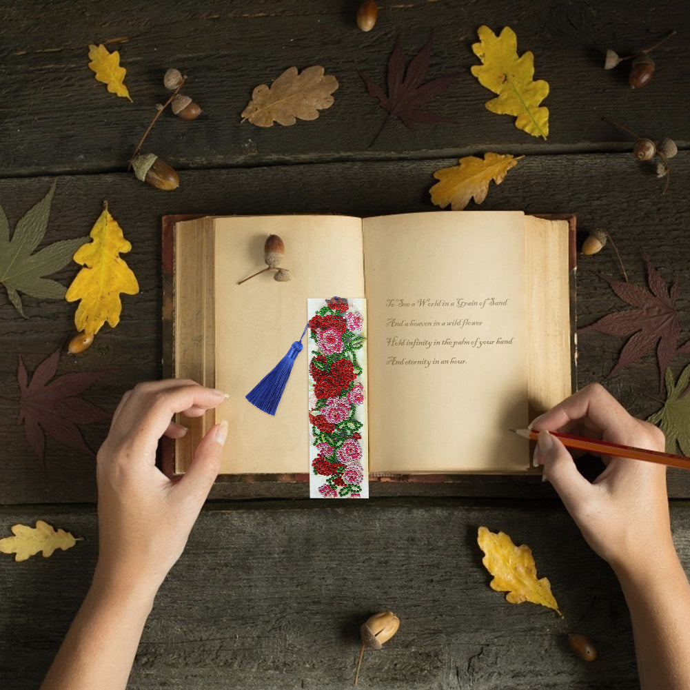 DIY Special Shape Diamond Painting Leather Rose Bookmark Tassel Embroidery