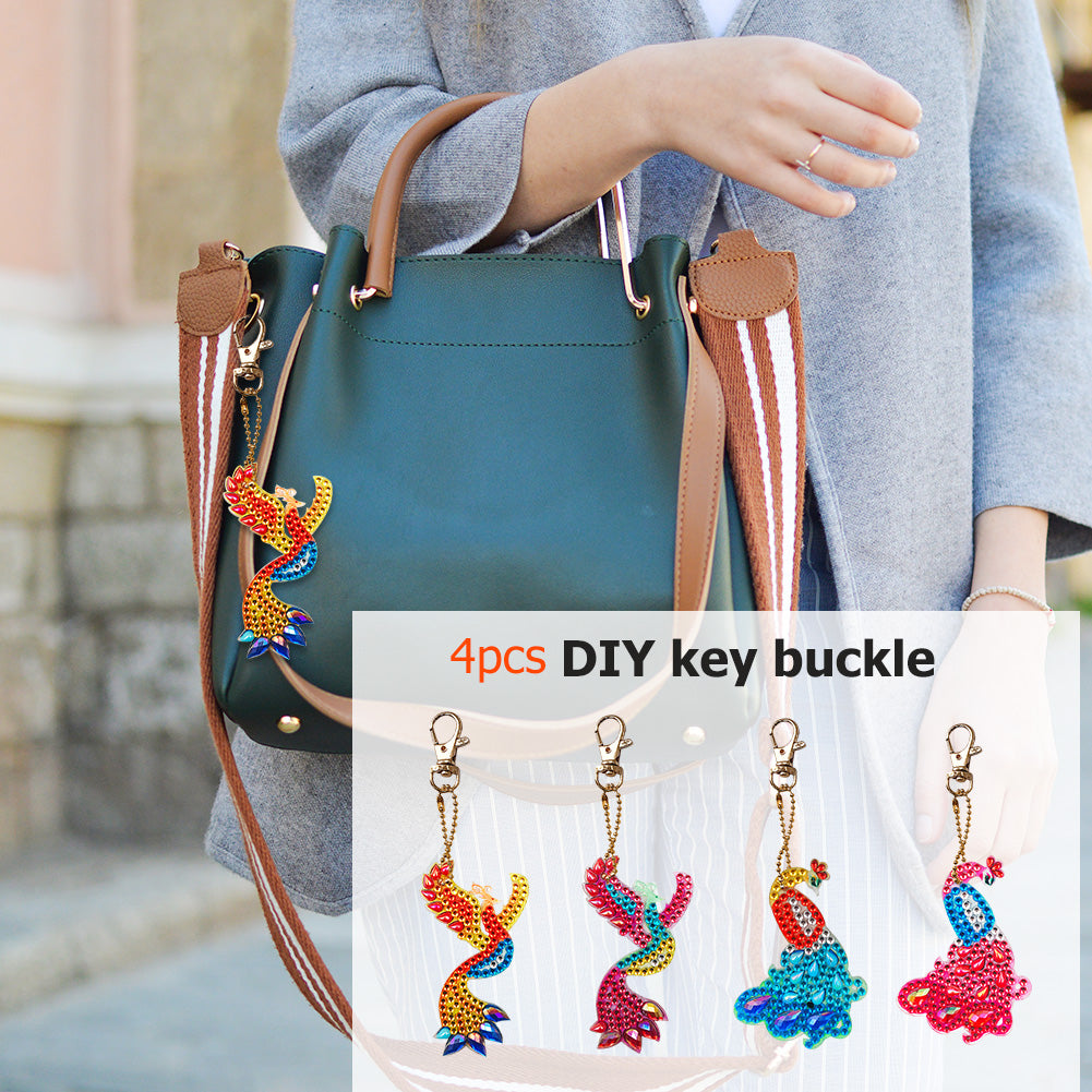 4pcs DIY Full Drill Diamond Key Chain Phenix Pendant Embroidery Keyrings