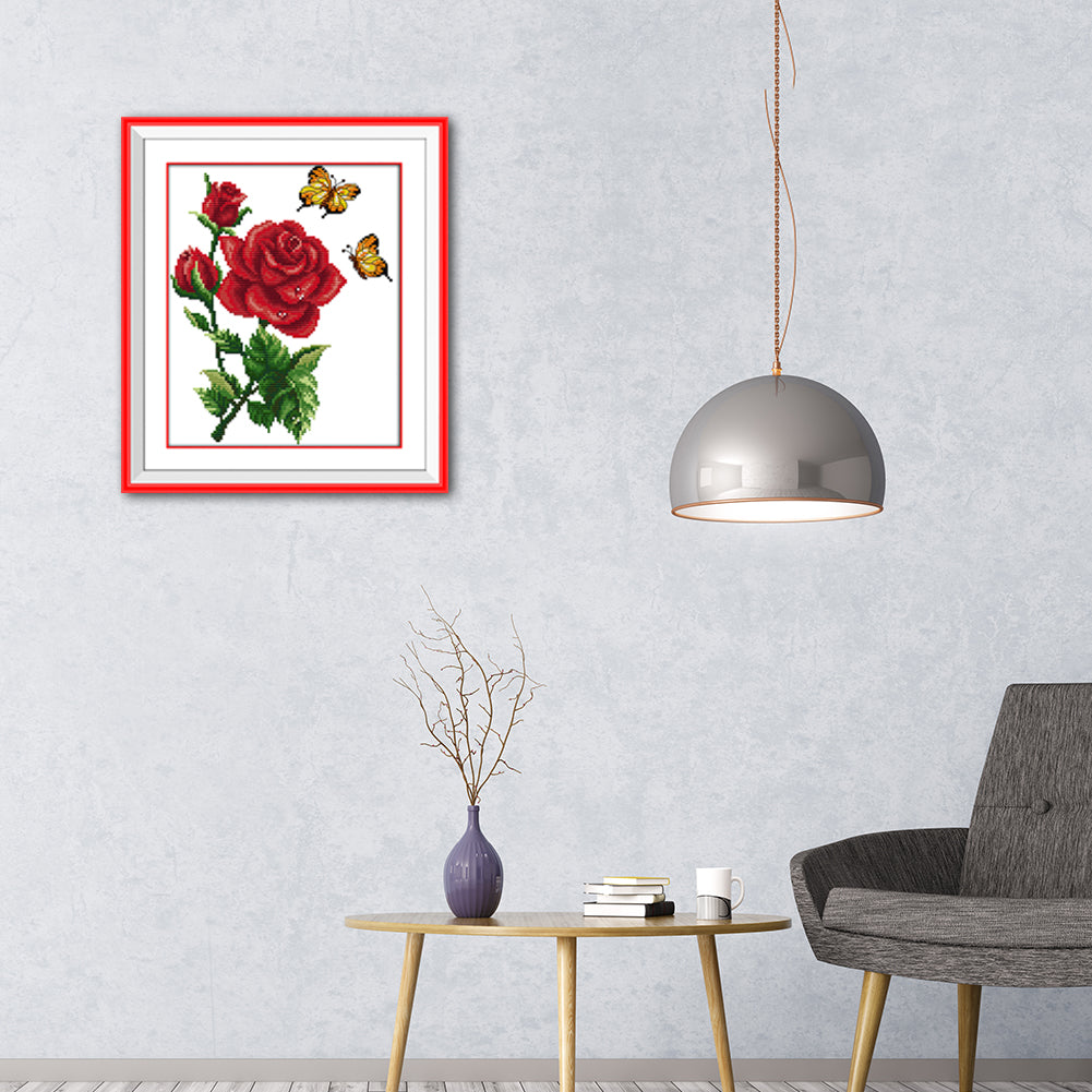 Red Flower - 14CT Stamped Cross Stitch 30*26CM
