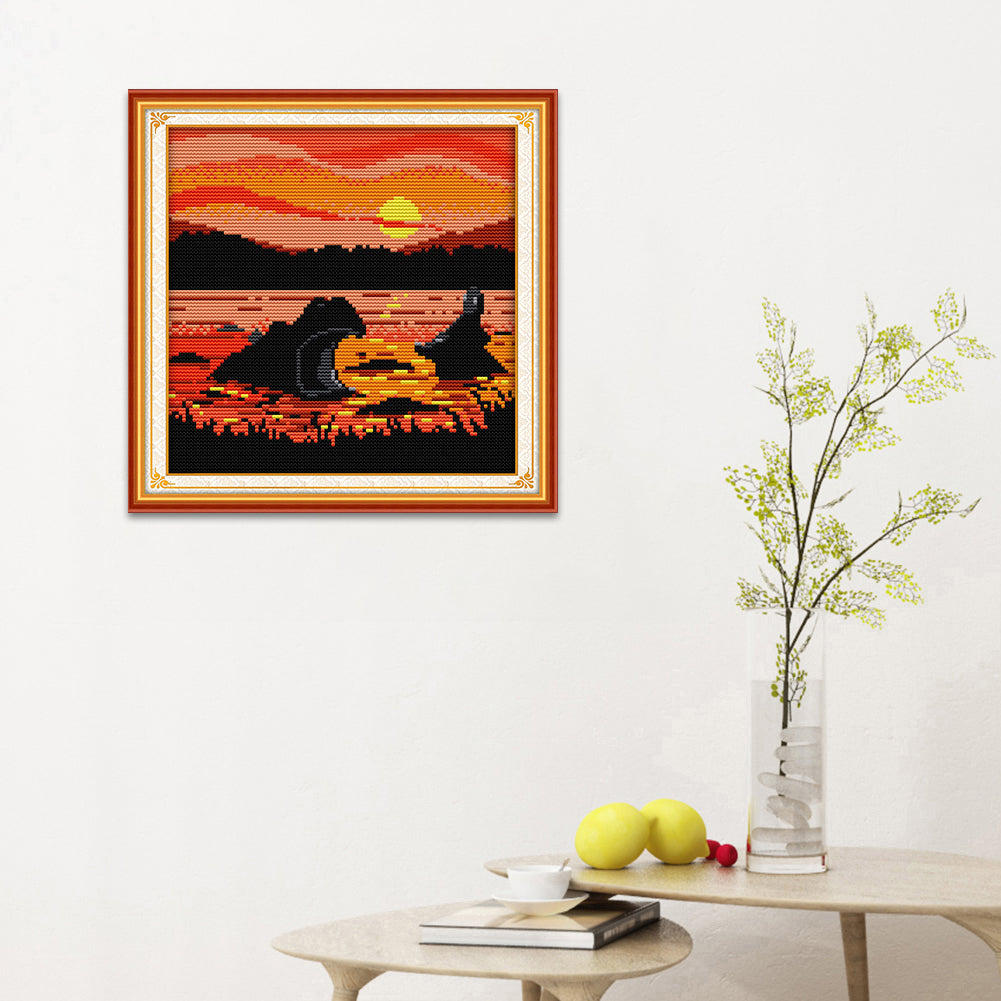 Sunset Hippo - 14CT Stamped Cross Stitch 23*23CM