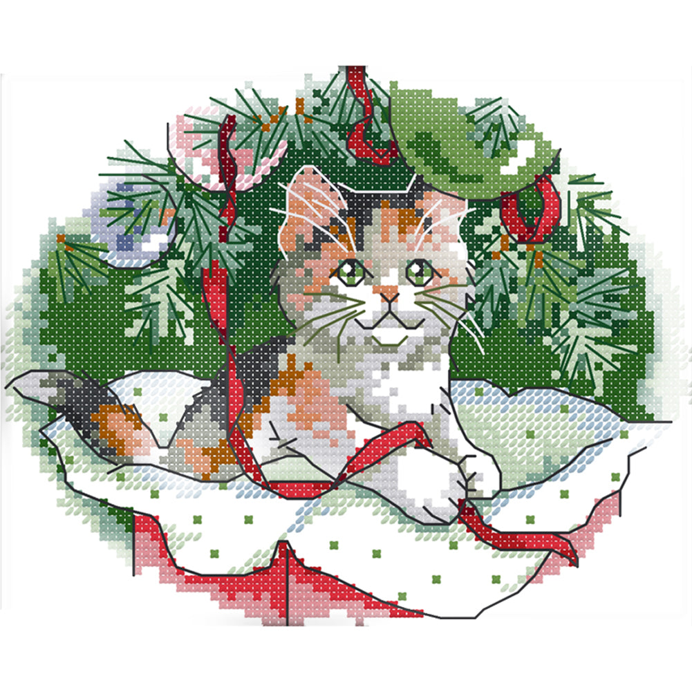 Christmas Cat - 14CT Stamped Cross Stitch 20*17CM