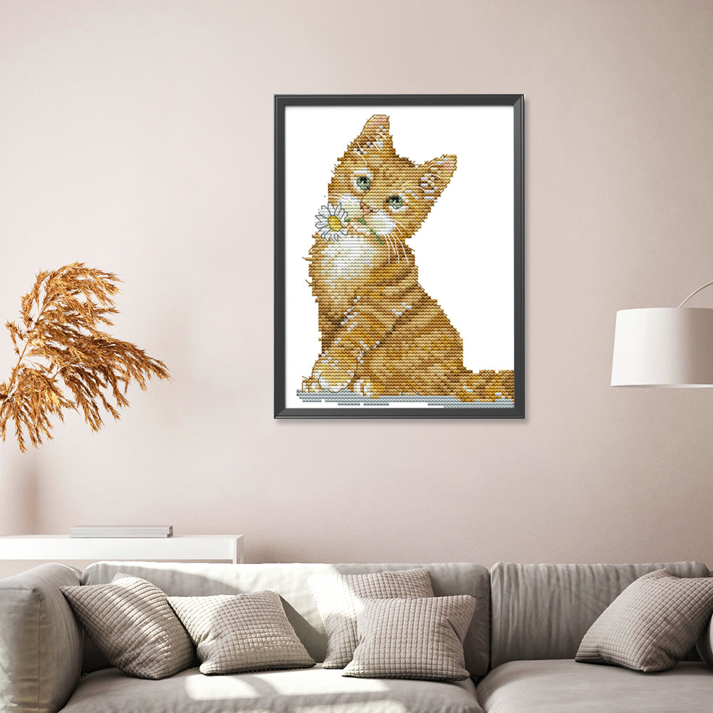 Flower Cat - 14CT Stamped Cross Stitch 17*21CM